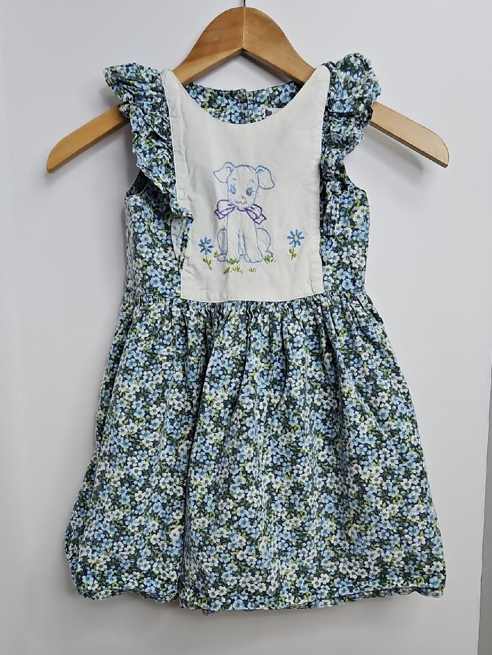 XOXO Nana Handmade Blue Floral Kitschy Puppy Ruffly Dress Sz 5
